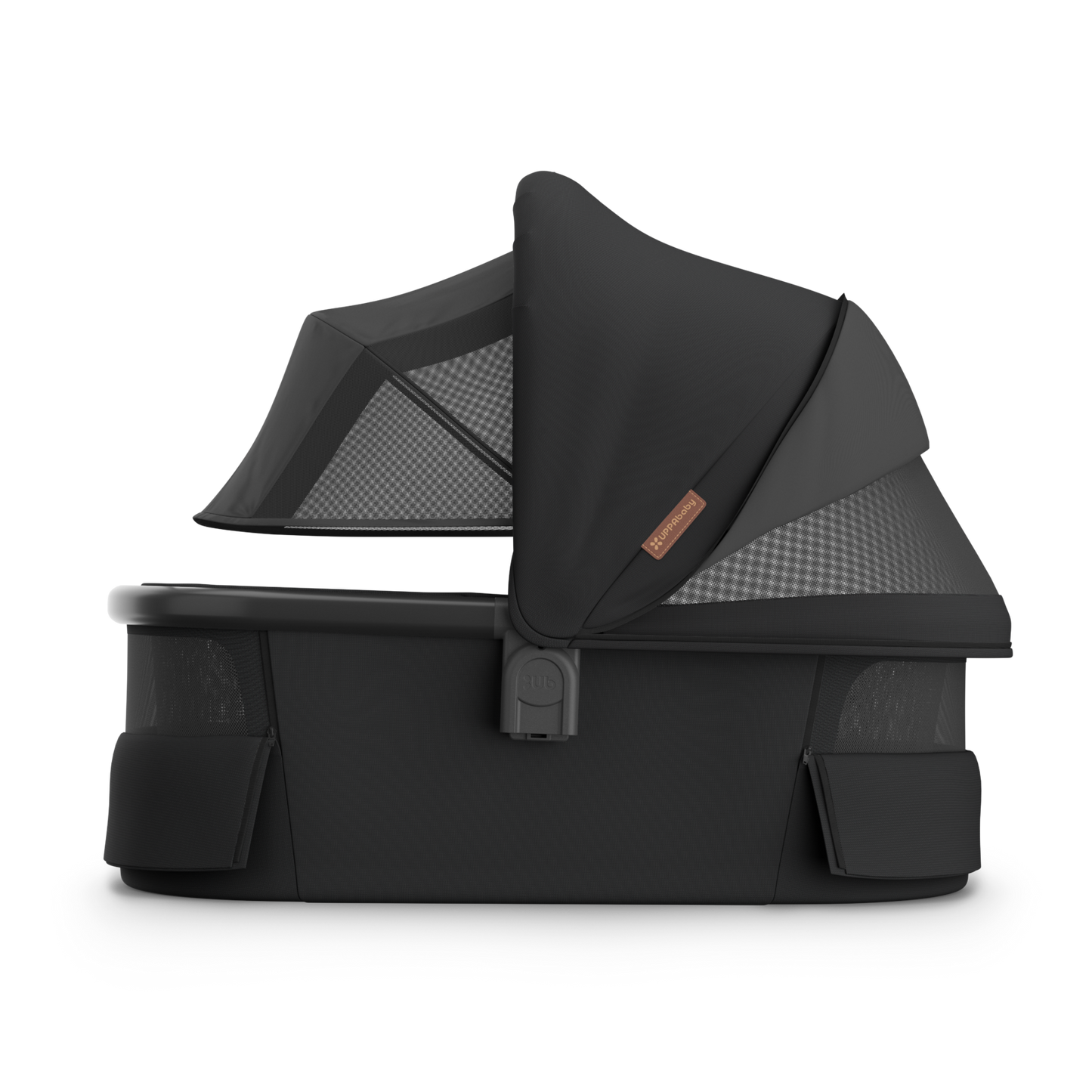 UPPAbaby Vista V3 Nori Bassinet. Black Fabric with Chestnut leather accents. Sunshade extended and ventilation flaps open.