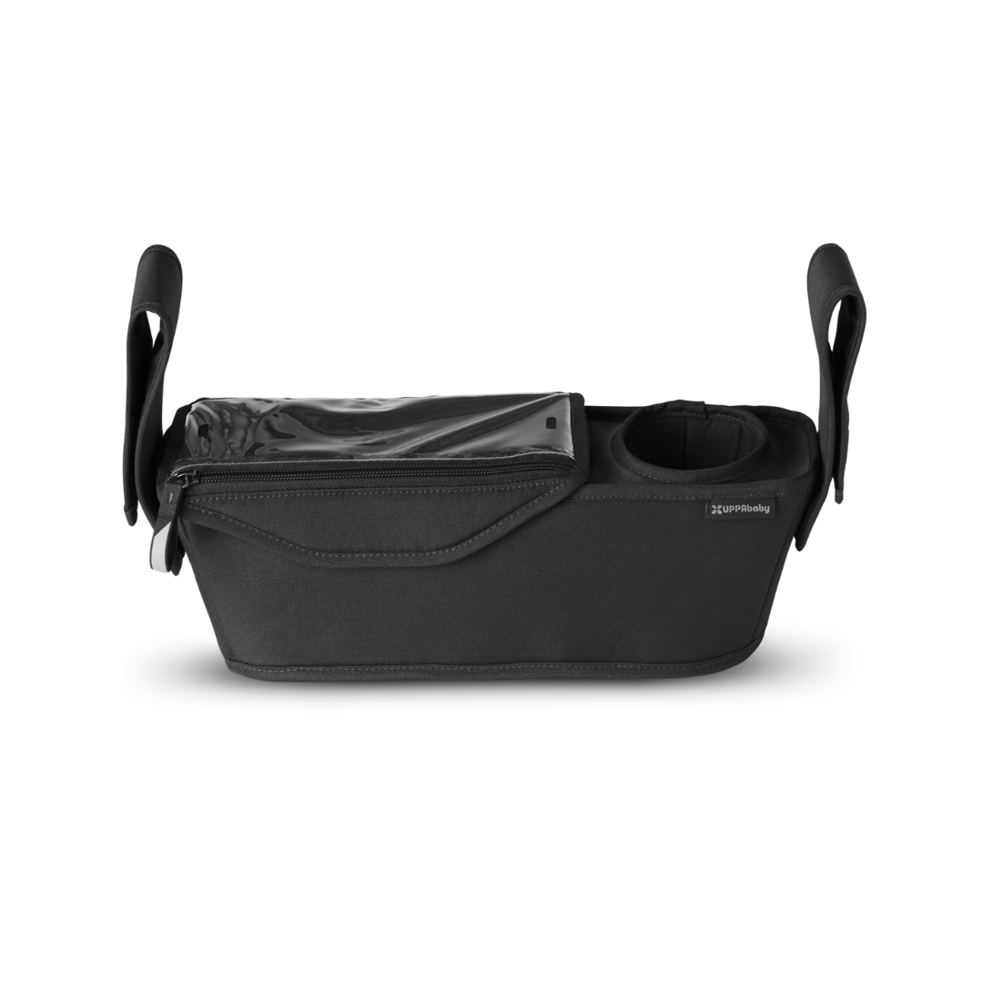 Black UPPAbaby Ridge Parent Console with zip compartment and cupholder.