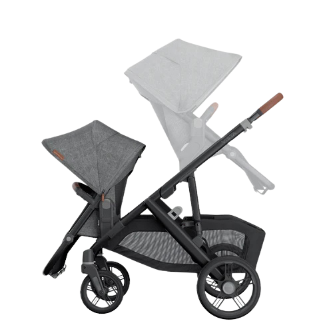 Rumble seat shown on lower setting on UPPAbaby Vista V3 stroller.