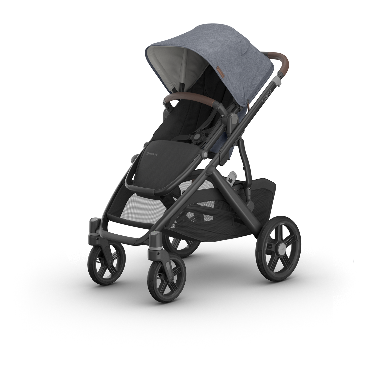 UPPAbaby Vista V3 Pram with bassinet and Dusty Blue Melange Fabric with a carbon frame and Chestnut leather accents.
