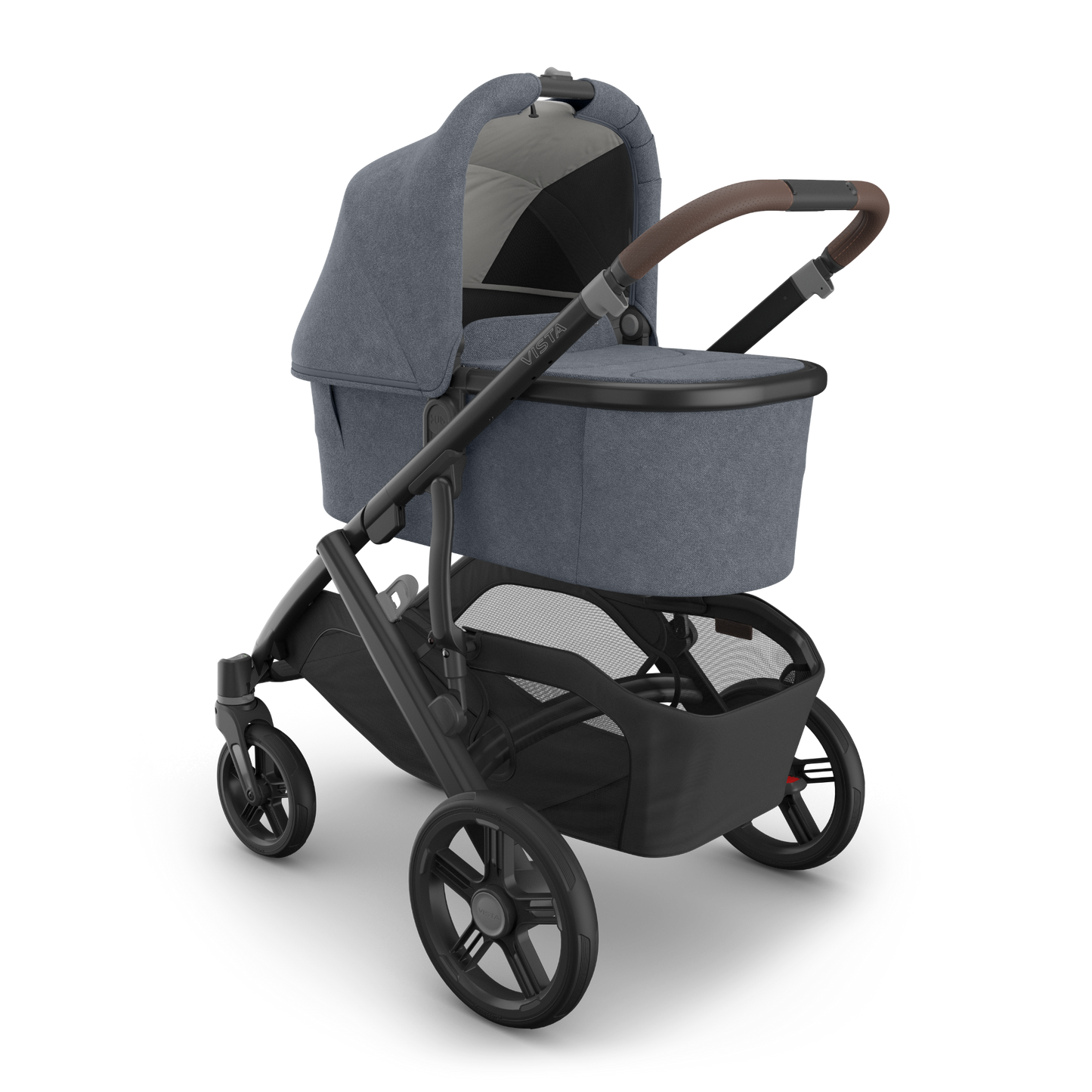UPPAbaby Vista V3 Pram with bassinet and Dusty Blue Melange Fabric with a carbon frame and Chestnut leather accents.