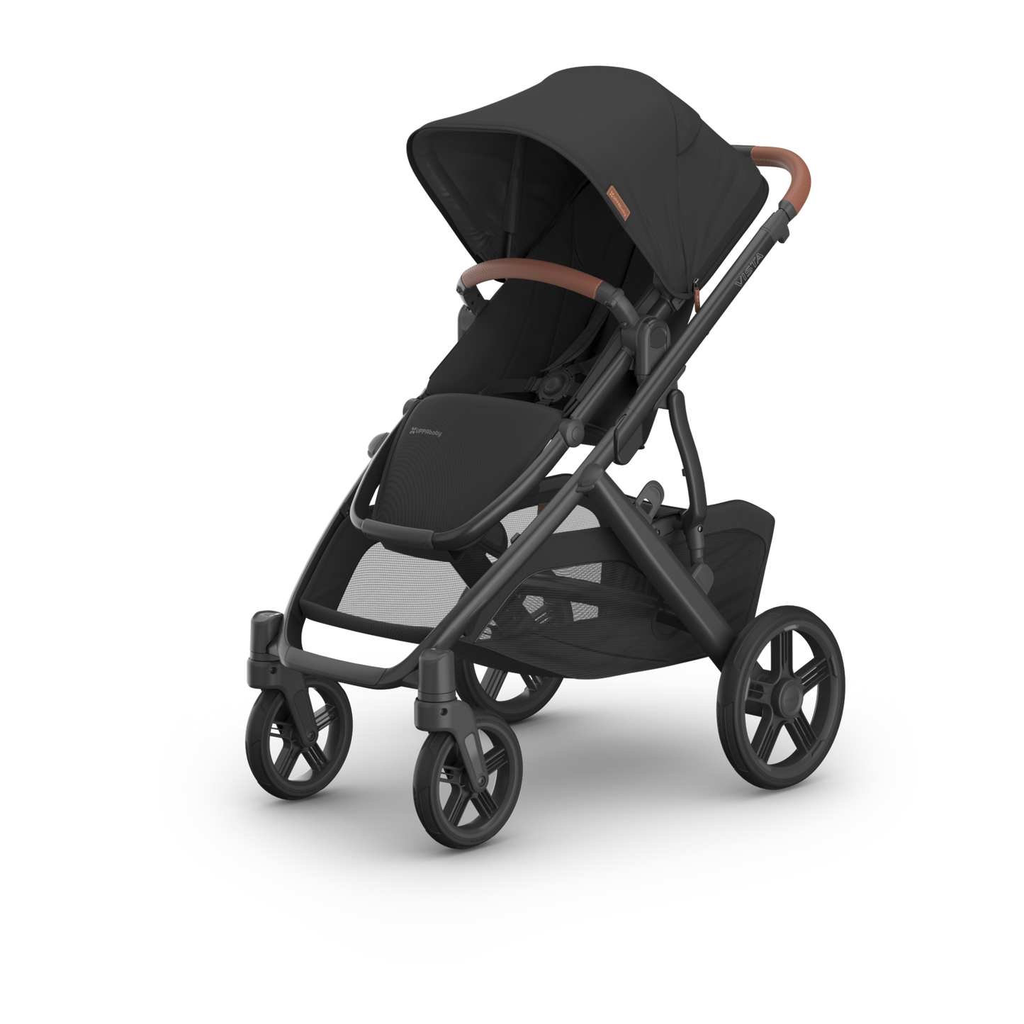 UPPAbaby Vista Nori Stroller (single) Black fabric, black carbon frame and Chestnut leather handle and bumper bar. Main image of stroller.