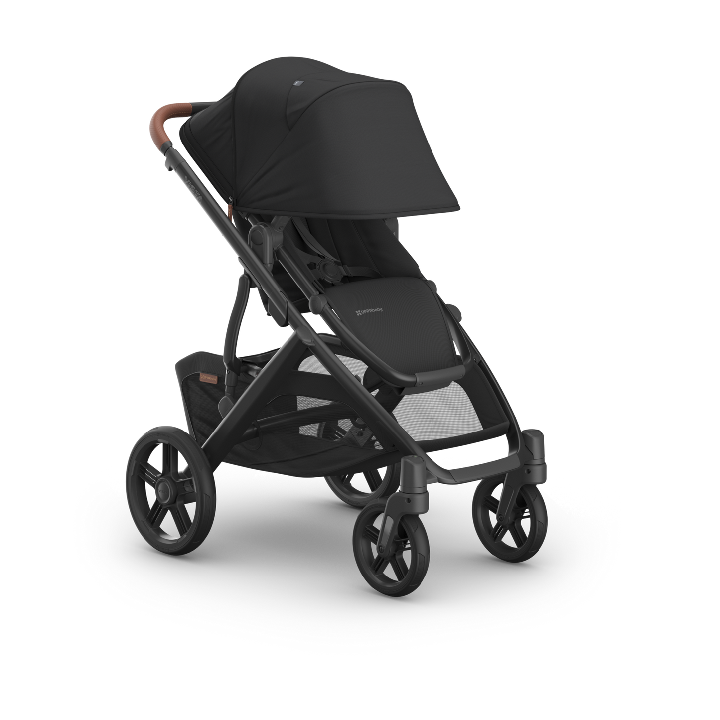 UPPAbaby Vista Nori Stroller (single) Black fabric, black carbon frame and Chestnut leather handle and bumper bar.