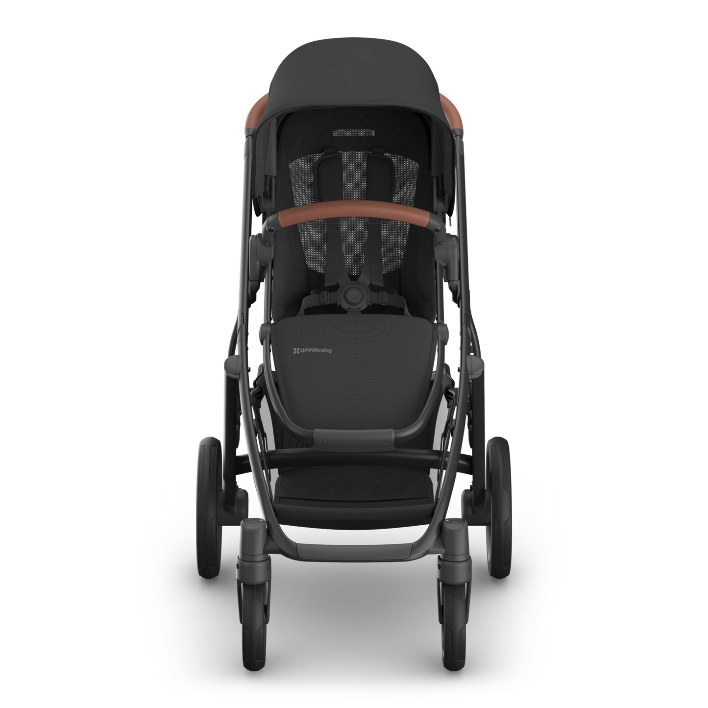 UPPAbaby Vista Nori Stroller (single) Black fabric, black carbon frame and Chestnut leather handle and bumper bar. Front View inside stroller.