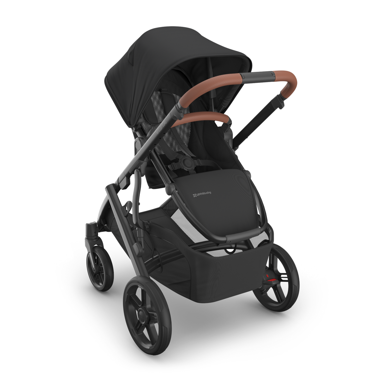 UPPAbaby Vista Nori Stroller (single) Black fabric, black carbon frame and Chestnut leather handle and bumper bar.