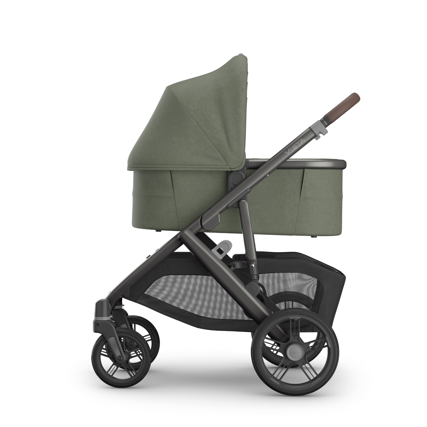 UPPAbaby Vista V3 stroller with carbon frame, Green fabric and chestnut leather accents with bassinet on the frame.