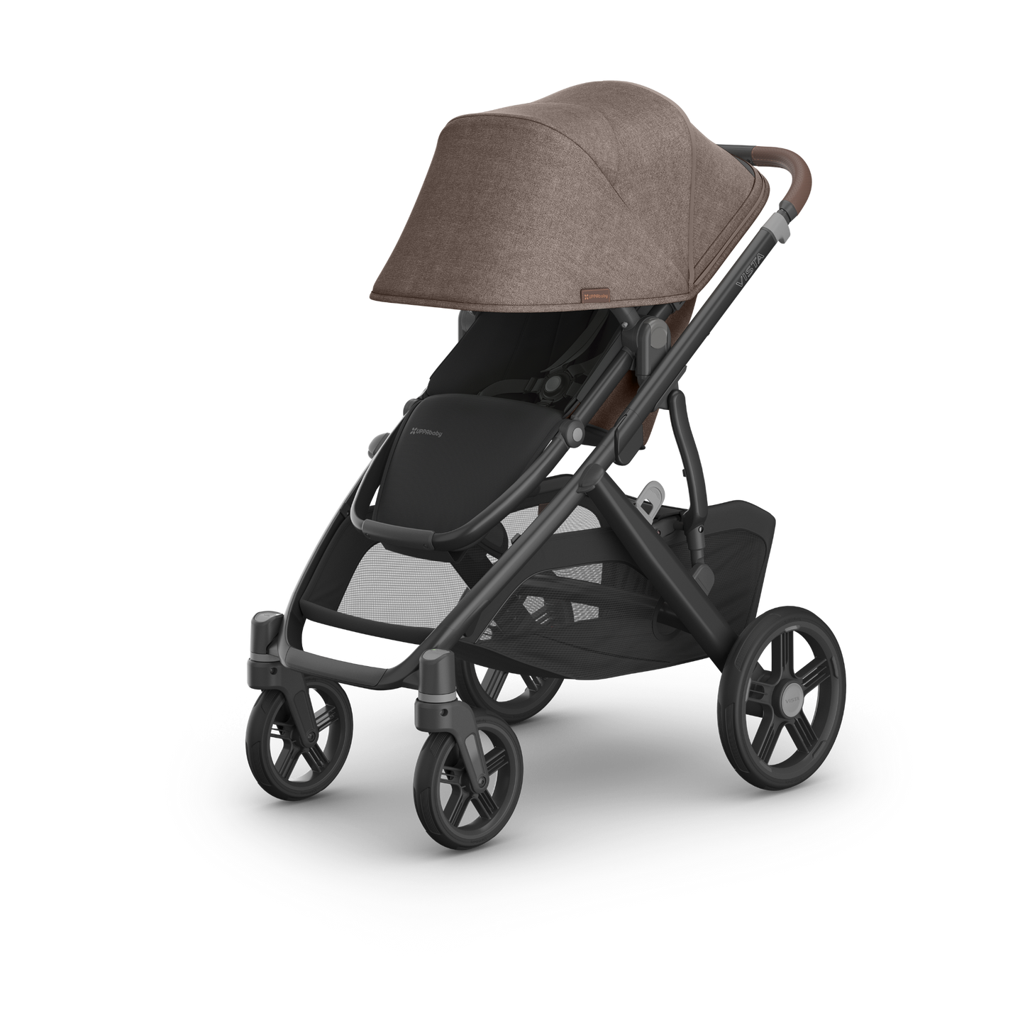 UPPAbaby Vista V3 Pram with carbon frame, brown melange fabric on the seat and brown leather accents.