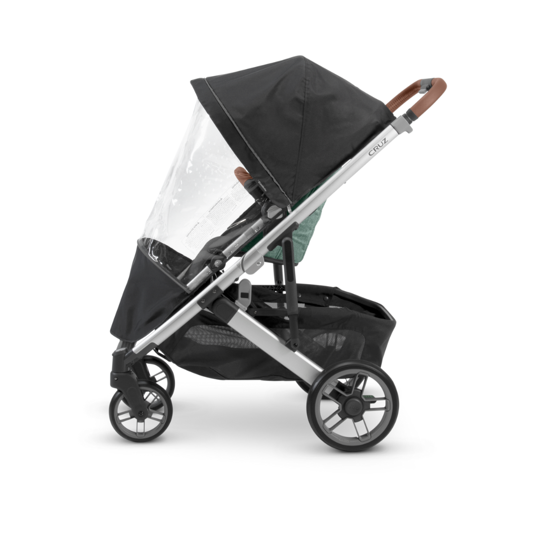 Rainsheild on stroller showing coverage and opening from the side view.
