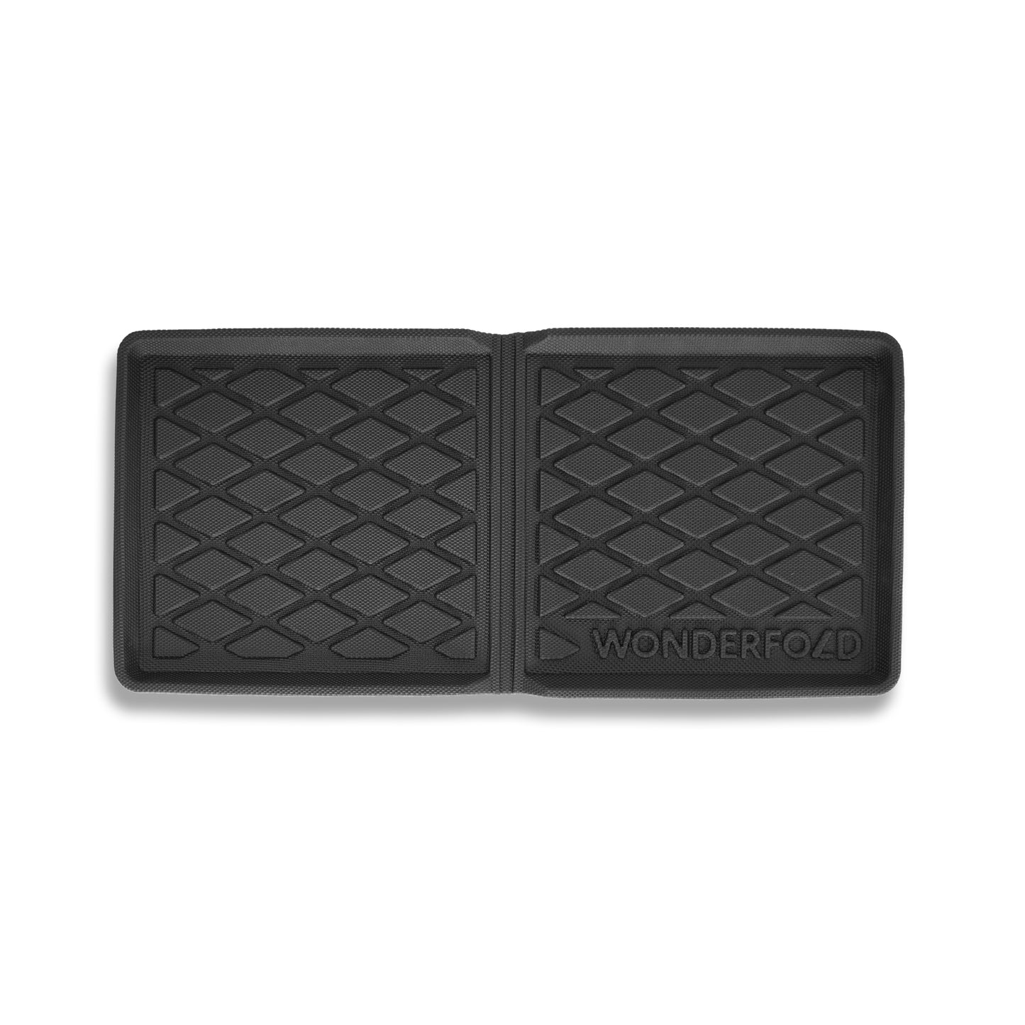 Black rubber all weather mat with diamond pattern and Wonderfold branding.