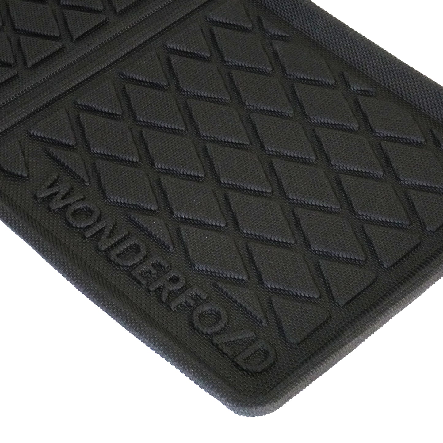 Black rubber all weather mat with diamond pattern and Wonderfold branding.