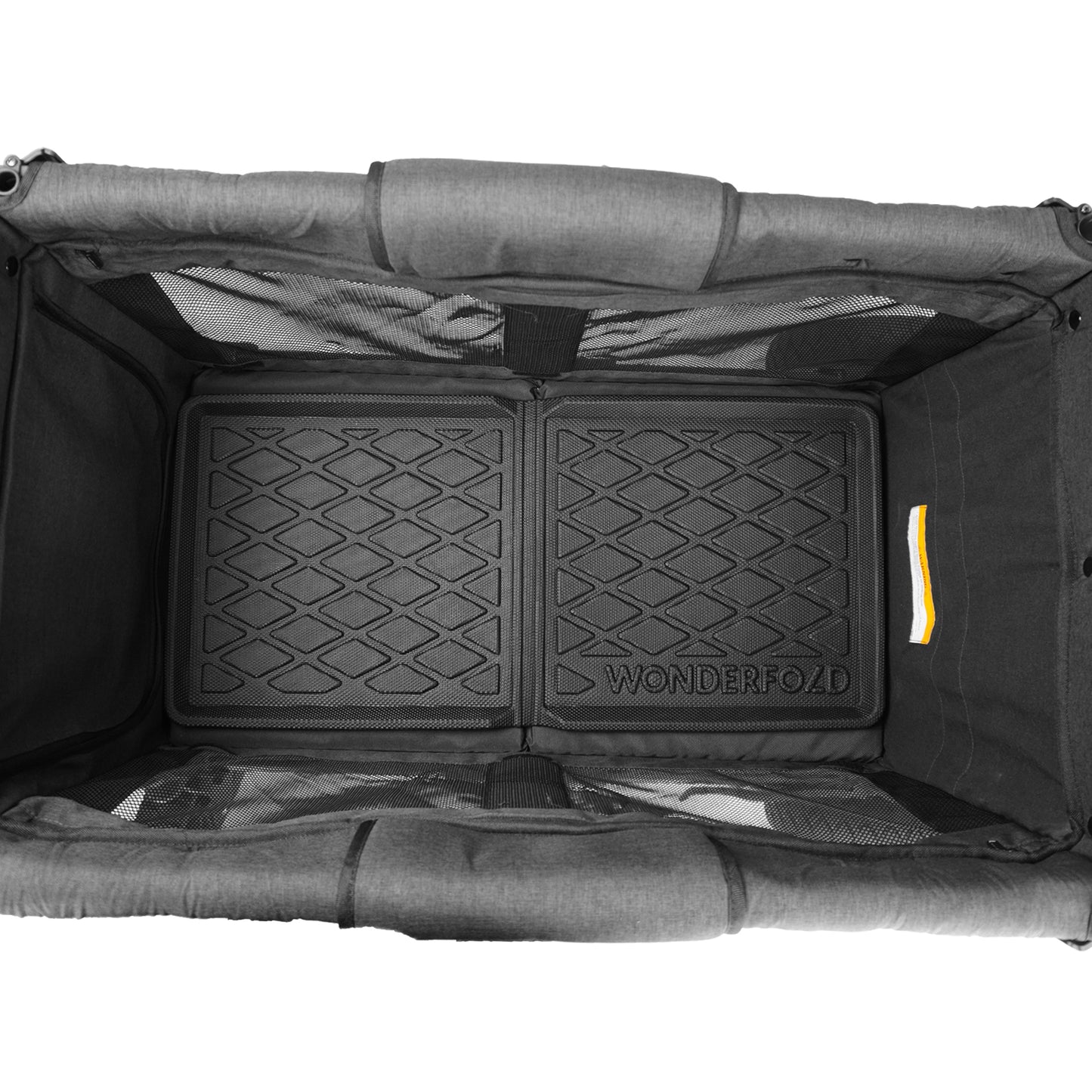 Black rubber all weather mat with diamond pattern inside Grey W2 Wonderfold stroller wagon.
