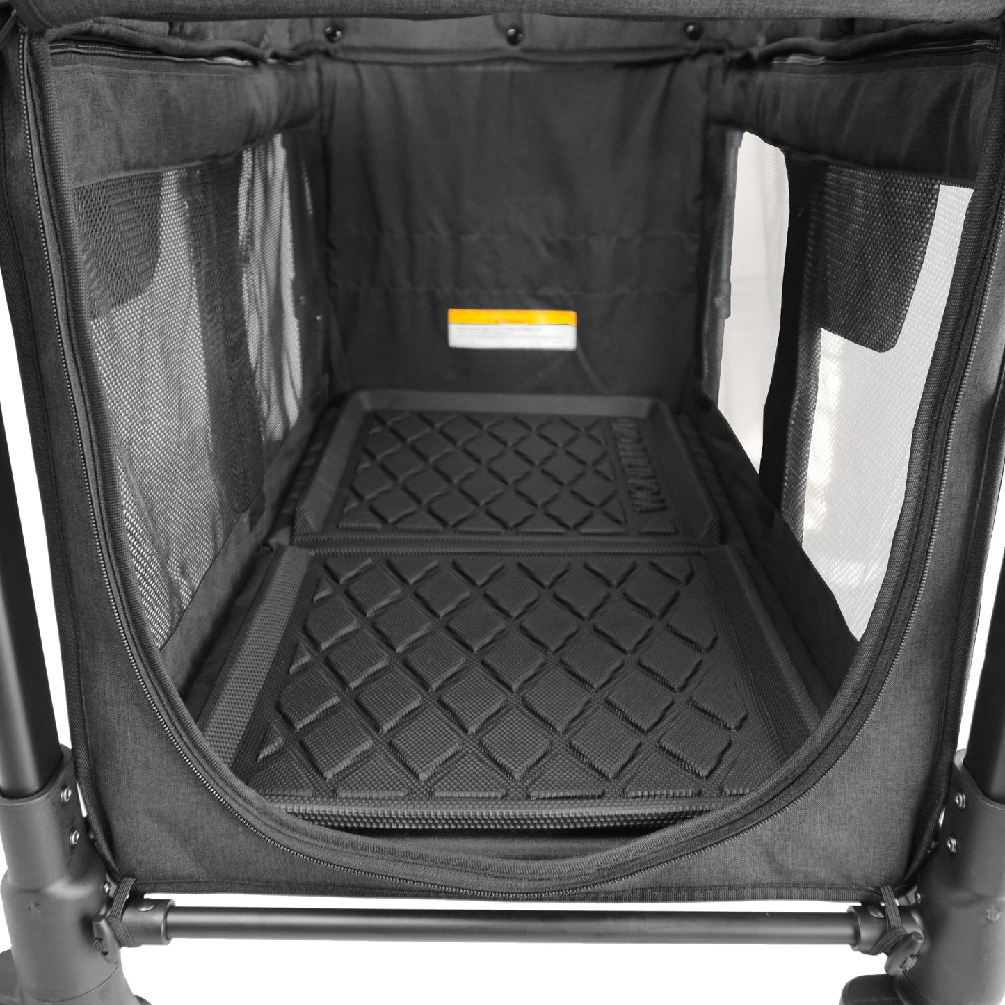 Black rubber all weather mat with diamond pattern inside W2 Wonderfold stroller wagon.