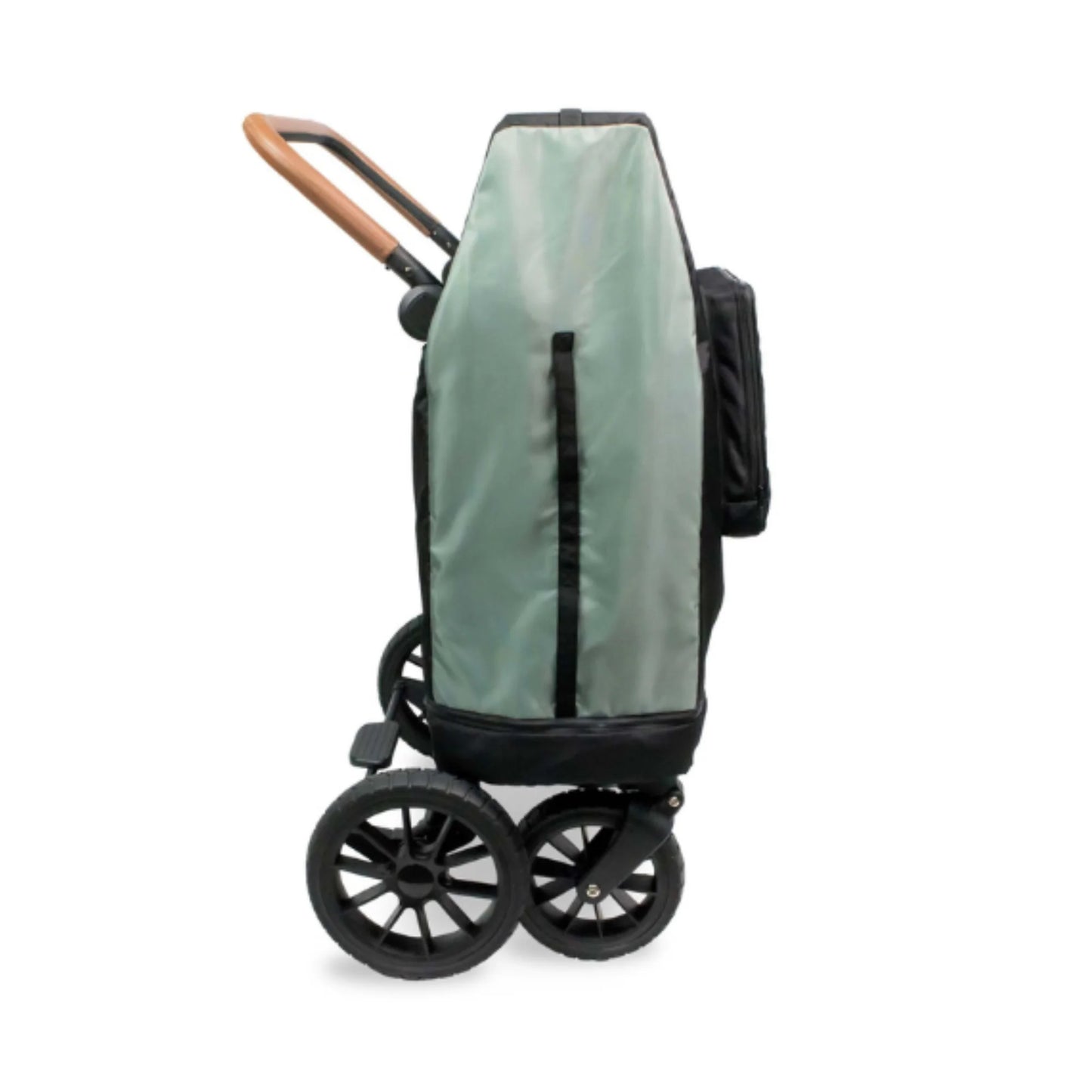 Green and black stroller with a cover on a white background on W4 Stroller Wagon.