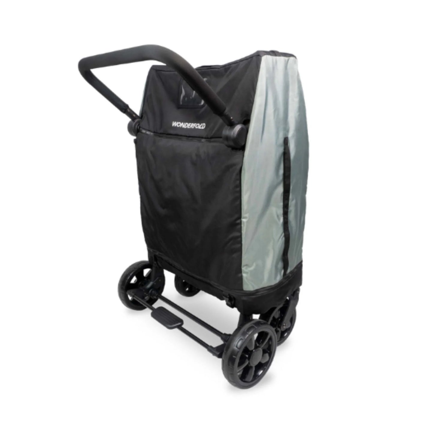 Black and gray stroller with a cover on a white background on W4 stroller wagon.