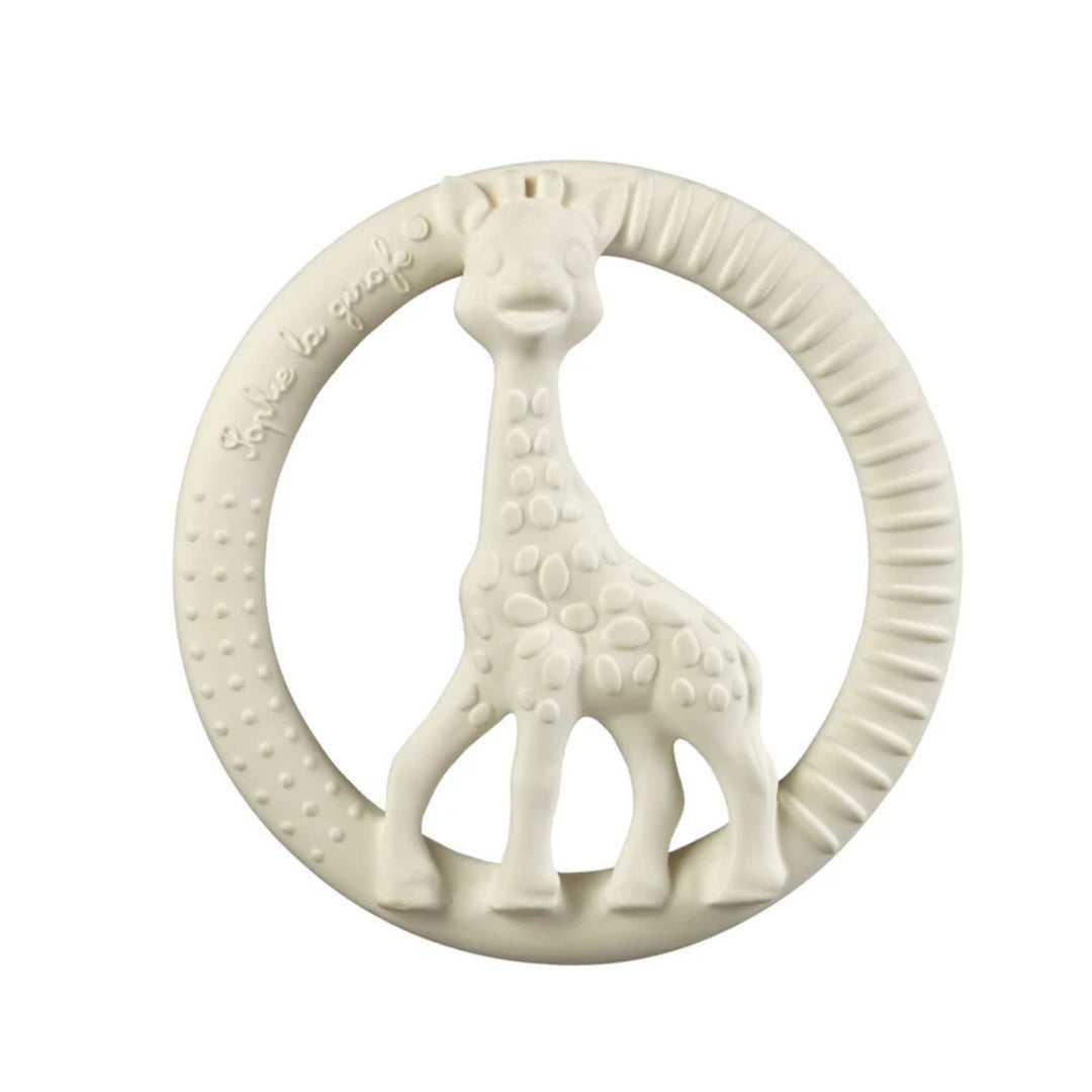 White giraffe-shaped teething ring on a white background
