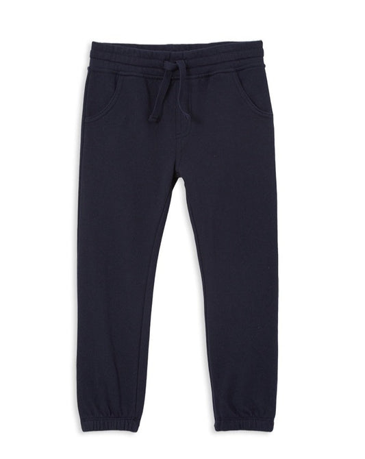 Navy Track suit bottom with draw string waist and elastic ankle detail. 