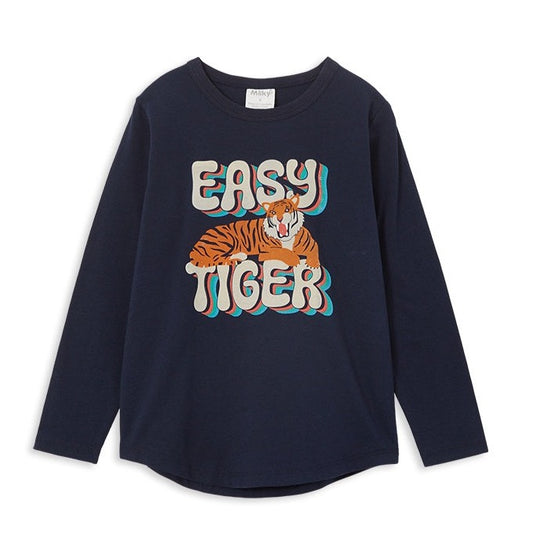Navy Long sleeve tee with crew neck. Tiger print and words easy tiger on the front chest. 