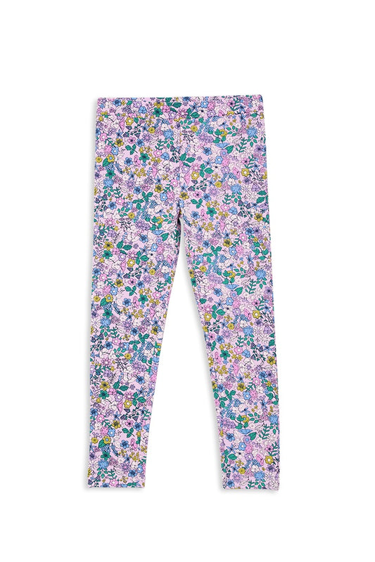 Full length floral legging on pink base with elastic waistband 