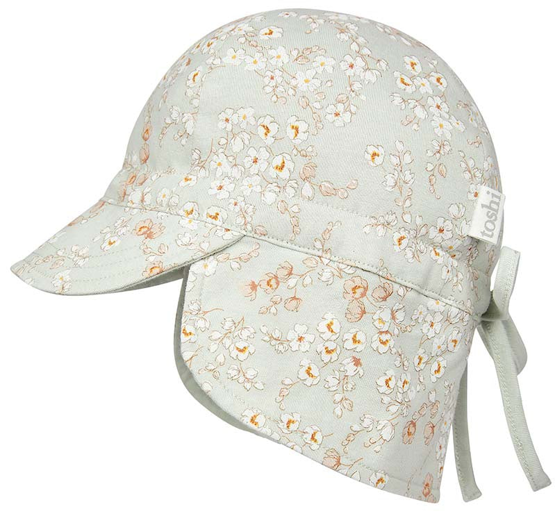 Floral girls sun hat, soft green base with white and gold flowers. 