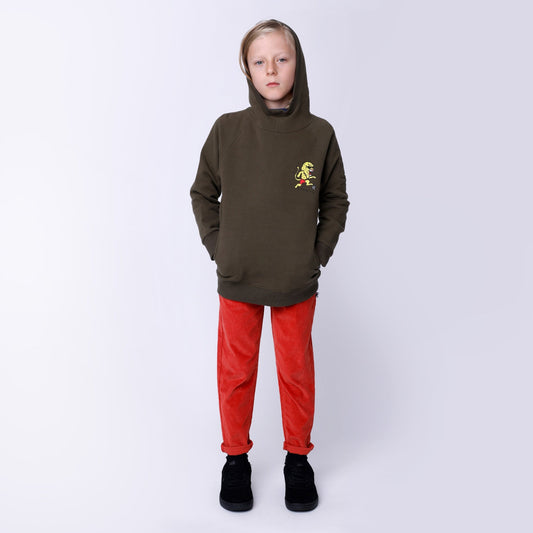 Khaki Hooded long sleeve sweatshirt with small running lion print on front right chest and large running lion print on the back.   