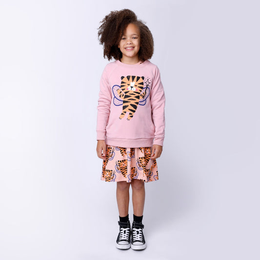 Pink crew sweatshirt with a large tiger print on the front with butterfly wings in blue. 