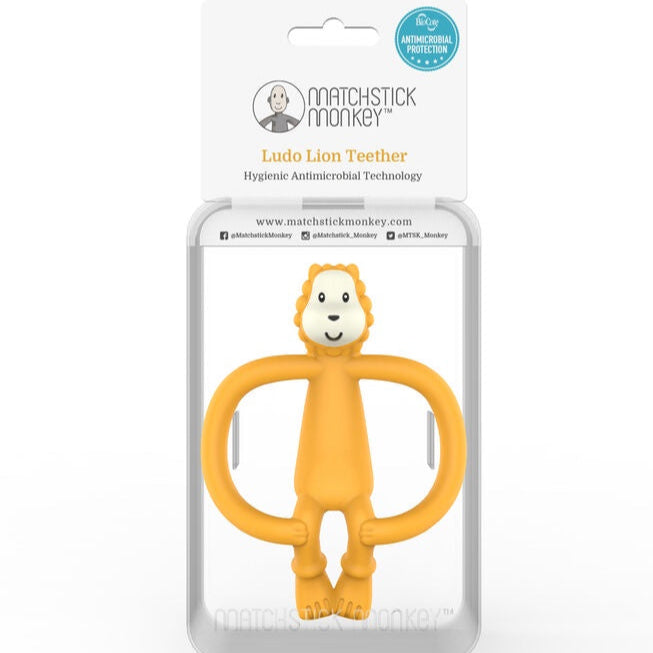 Yellow lion silicone teething toy in gift pack.