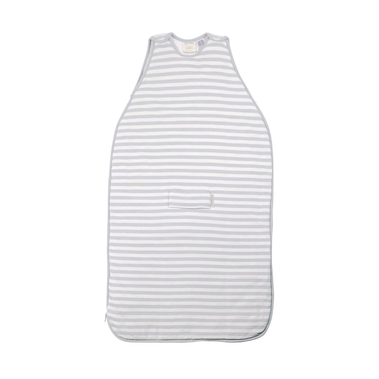 Woolbabe Duvet Side Zip Sleeping Bag in soft Grey and White Stripe. 