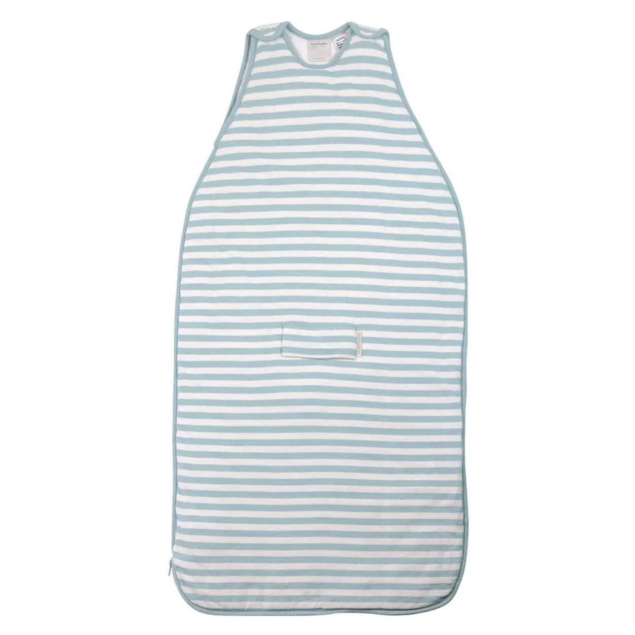 Woolbabe Duvet Side Zip Sleeping Bag in soft Tide and White Stripe. 