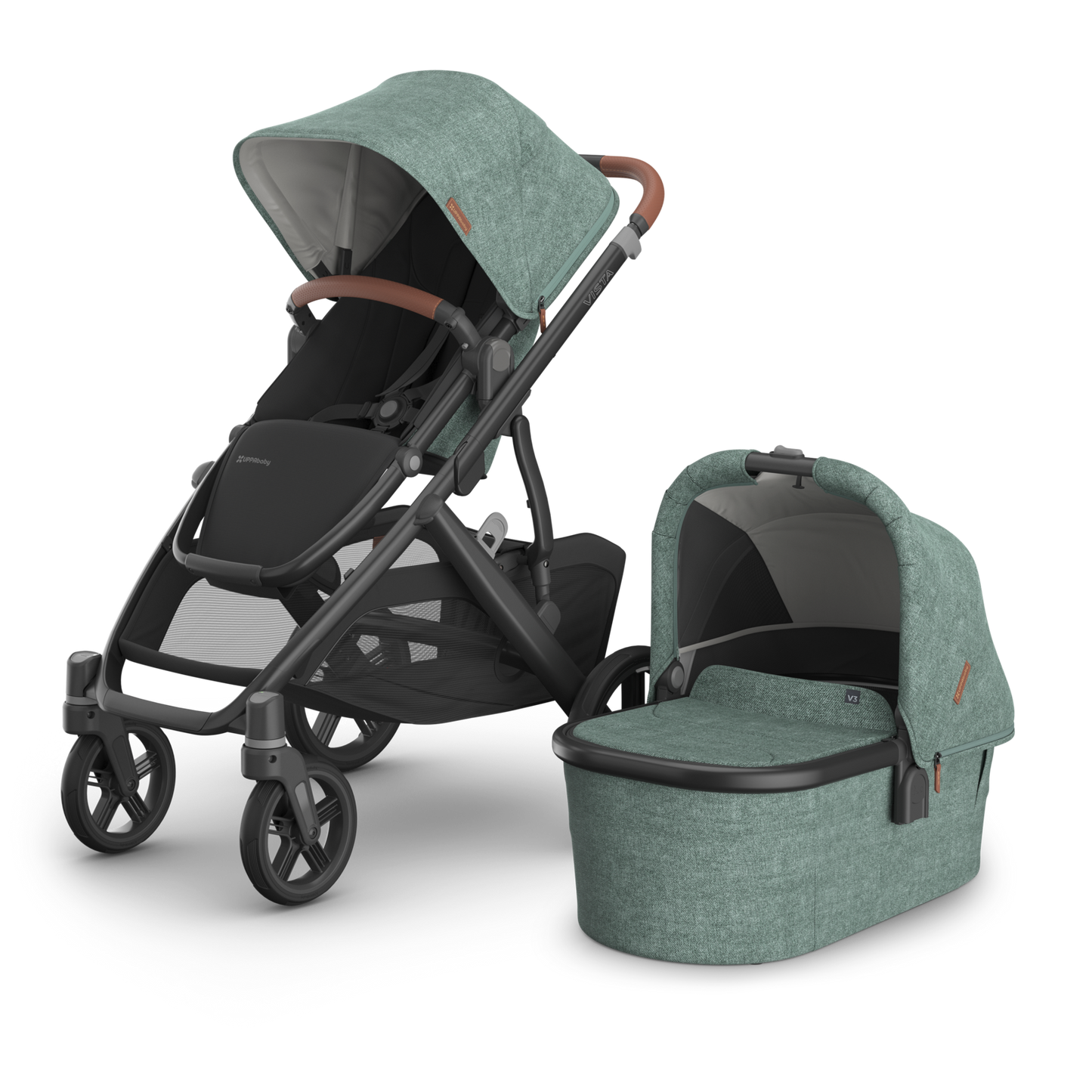 UPPAbaby Vista V3 Stroller Green Melange Fabric, Carbon Frame and Chestnut Brown Leather accents. 
