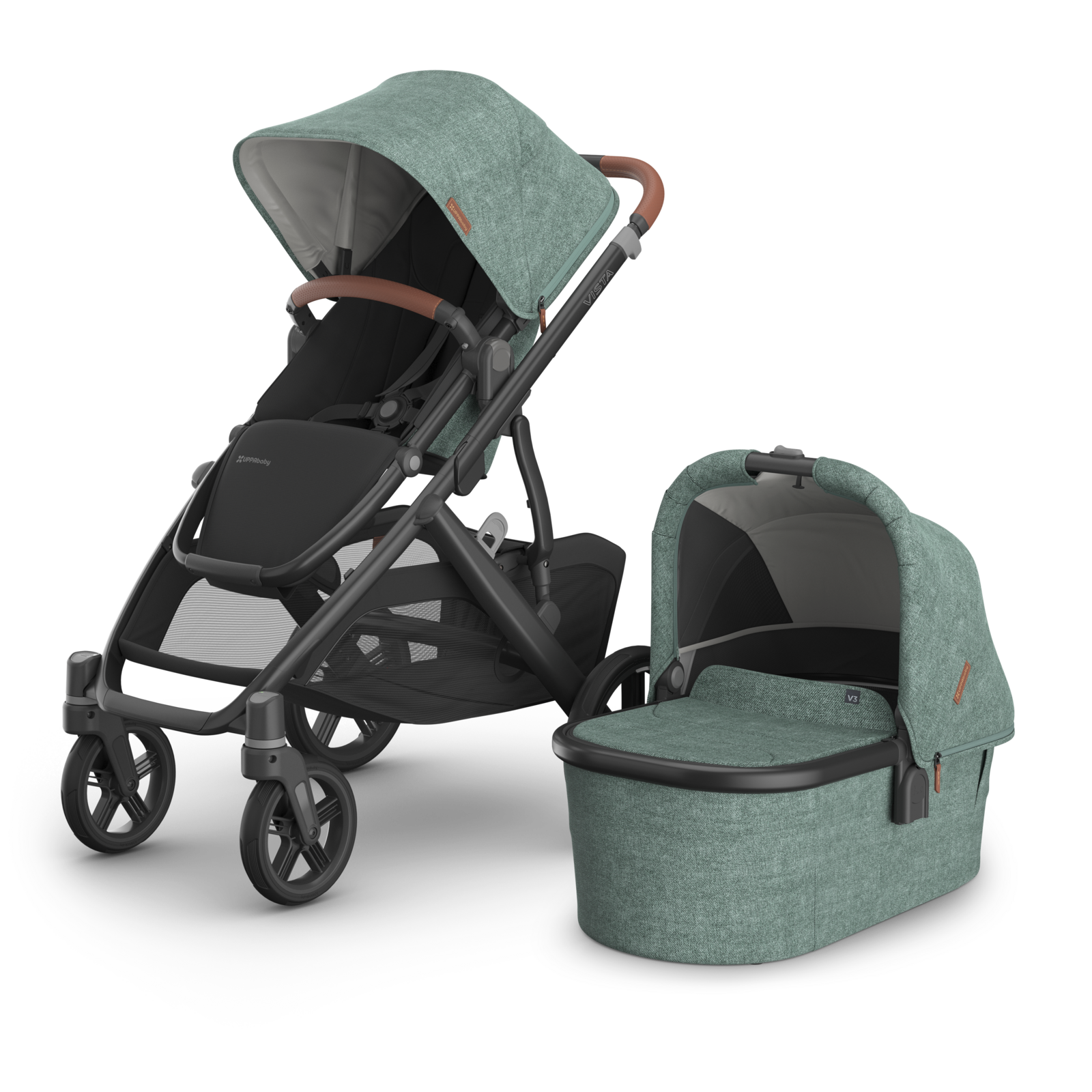 UPPAbaby Vista V3 Stroller Green Melange Fabric, Carbon Frame and Chestnut Brown Leather accents. 