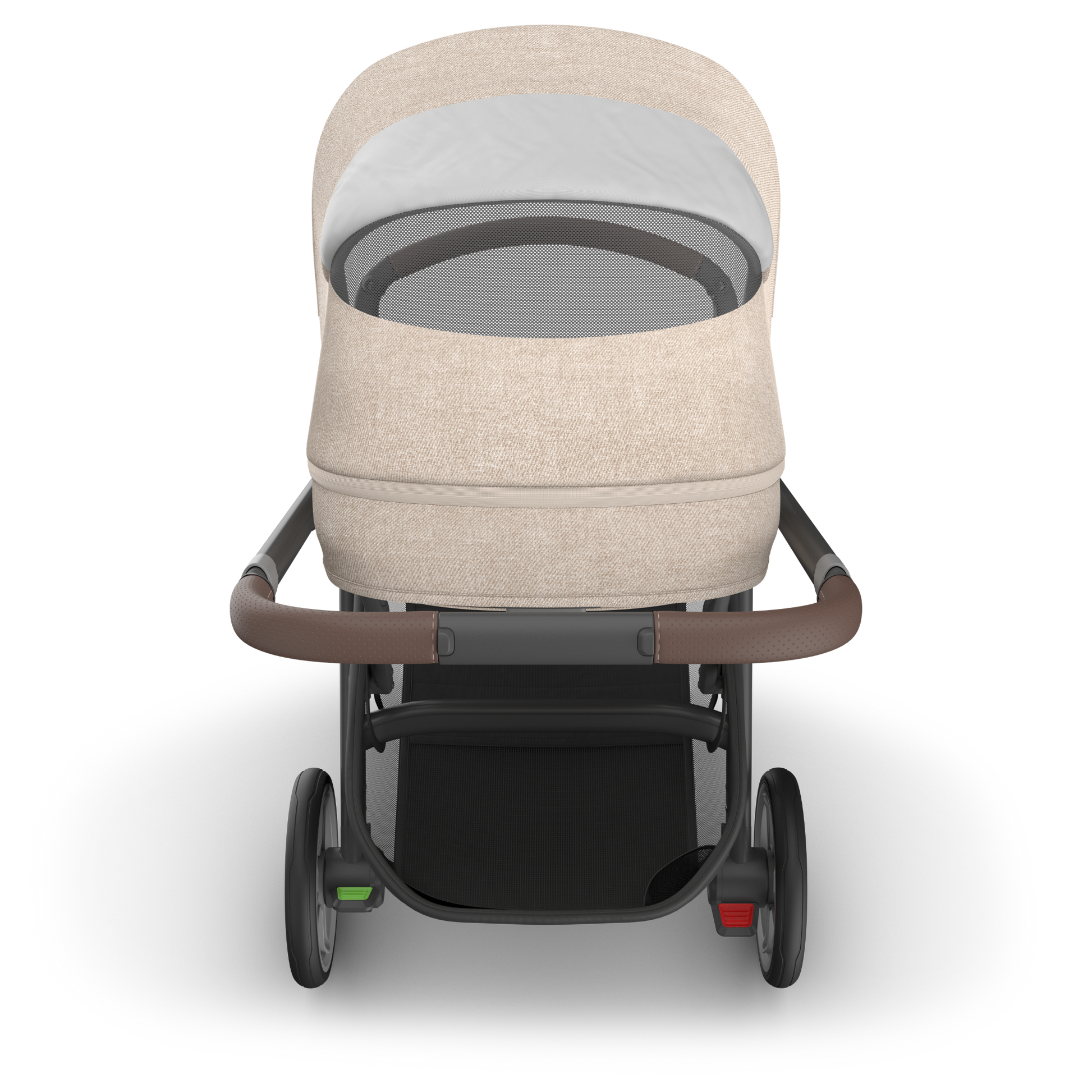 UPPAbaby Cruz v3 in beige canopy and black stroller frame on a white background showing back sun canopy open and inside basket. 