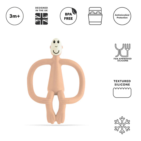 silicone monkey teething toy peach colour with instructions for use  on a white background 