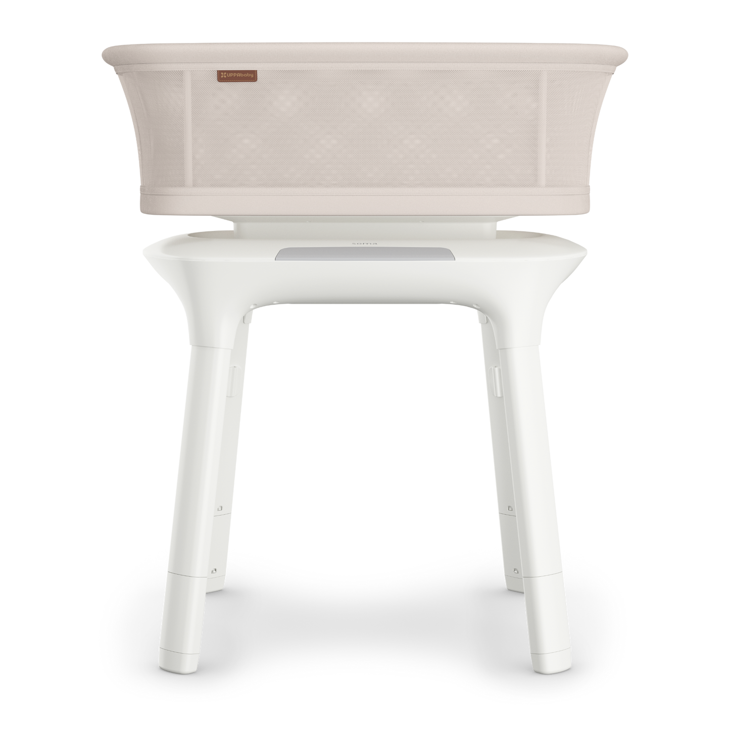 UPPAbaby sand coloured mesh  baby bassinet with white legs a white background.