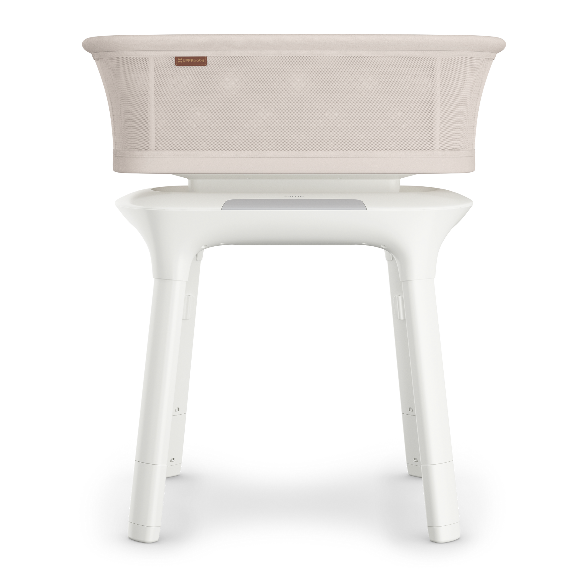 UPPAbaby sand coloured mesh  baby bassinet with white legs a white background.