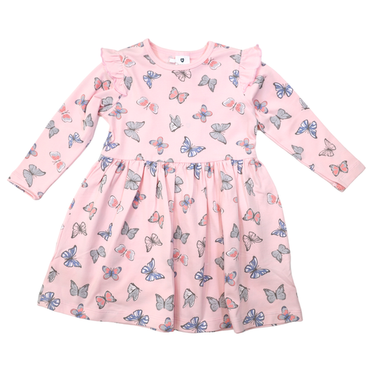 Pink long sleeve dress with all over butterfly print and frills at the shoulder. 