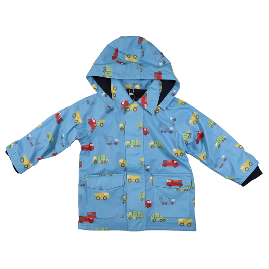 Light Blue base with all over colourful truck print. Navy Lining, hood and front pockets. 