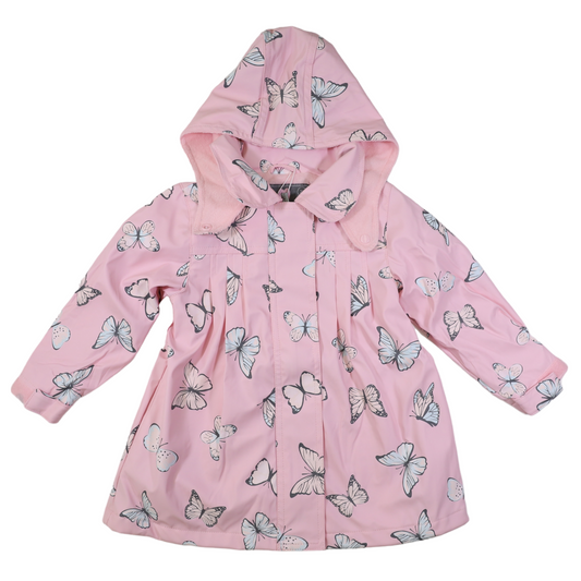 Lolly pink rain jacket with hood and all over white butterfly print that changes colour when wet. 