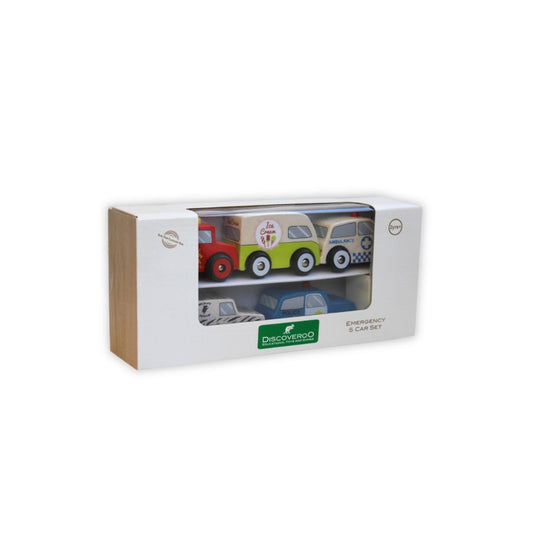 Boxed set of toy emergency vehicles with a visible brand logo on a white background