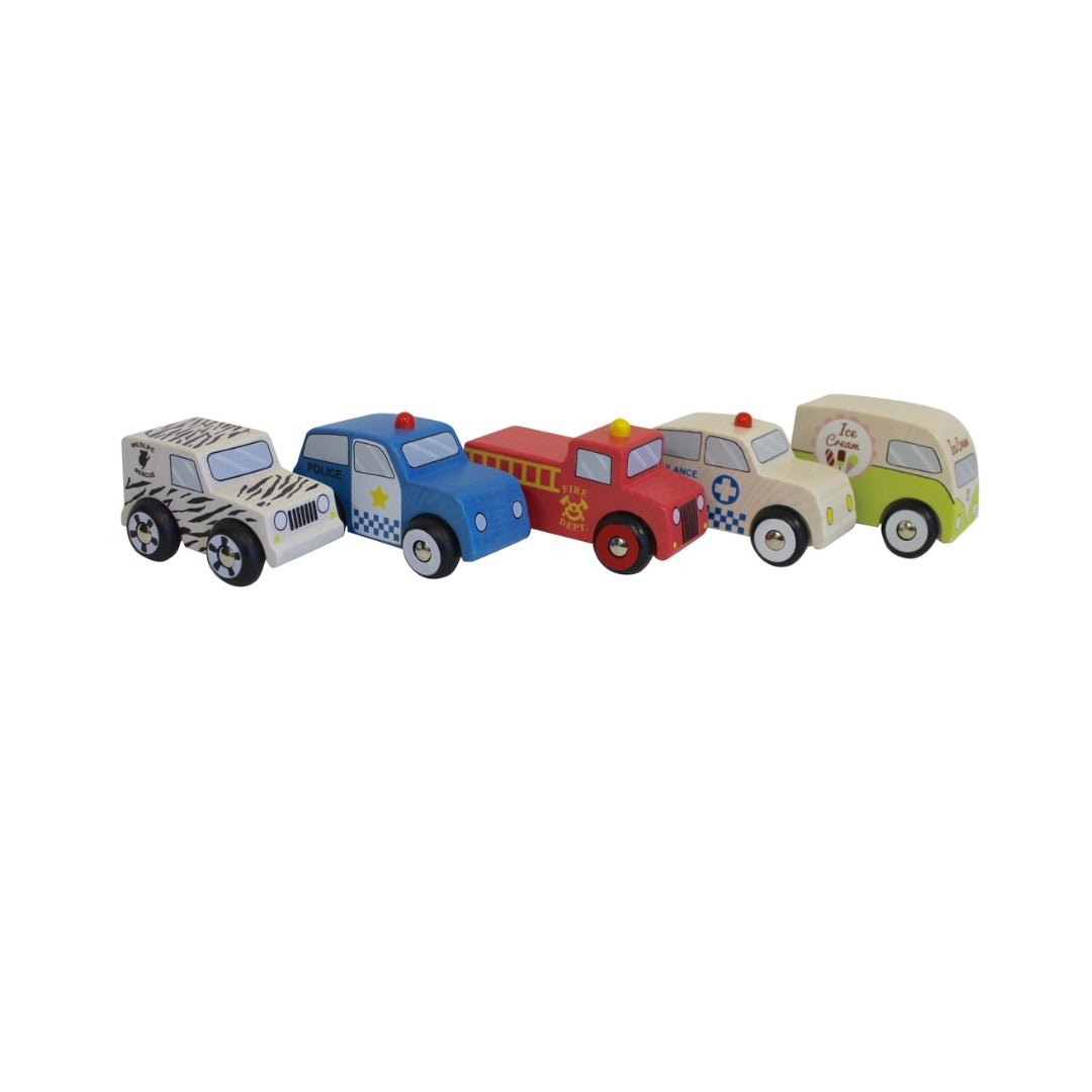 Set of toy cars in various colors on a white background