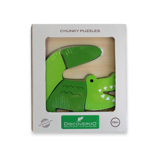 Chunky puzzle packaging with a Aligator illustration and 'Discoveroo' branding on a white background