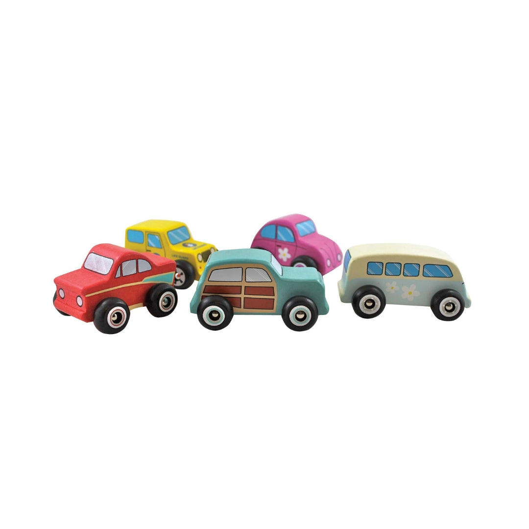 Set of colourful wooden toy cars on a white background