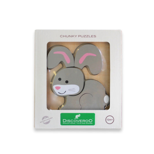 Chunky puzzle of a rabbit in packaging with 'Discoveroo' branding on a white background