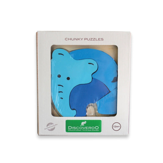 Blue elephant puzzle in a Discoveroo packaging on a white background
