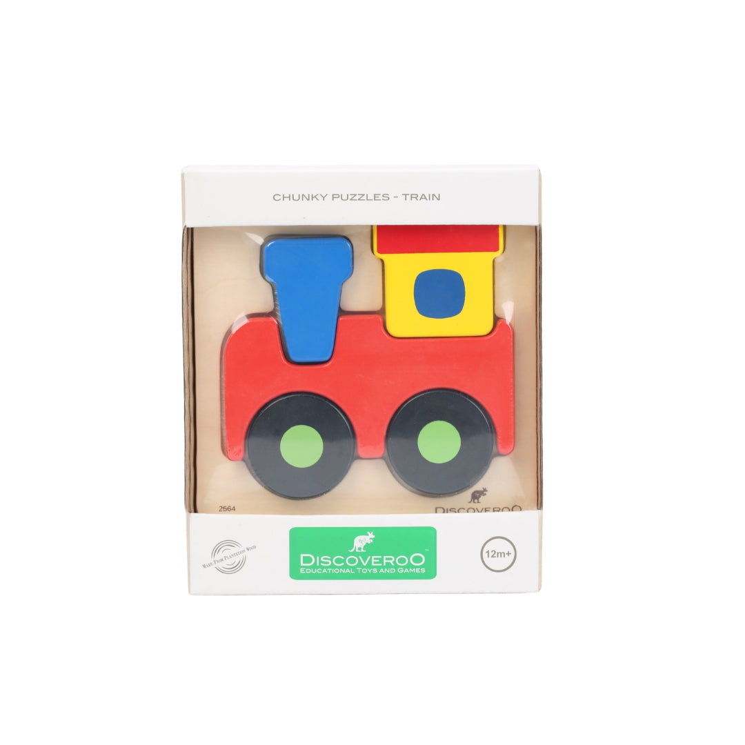 Wooden train puzzle in packaging with 'Discoveroo' branding on a white background