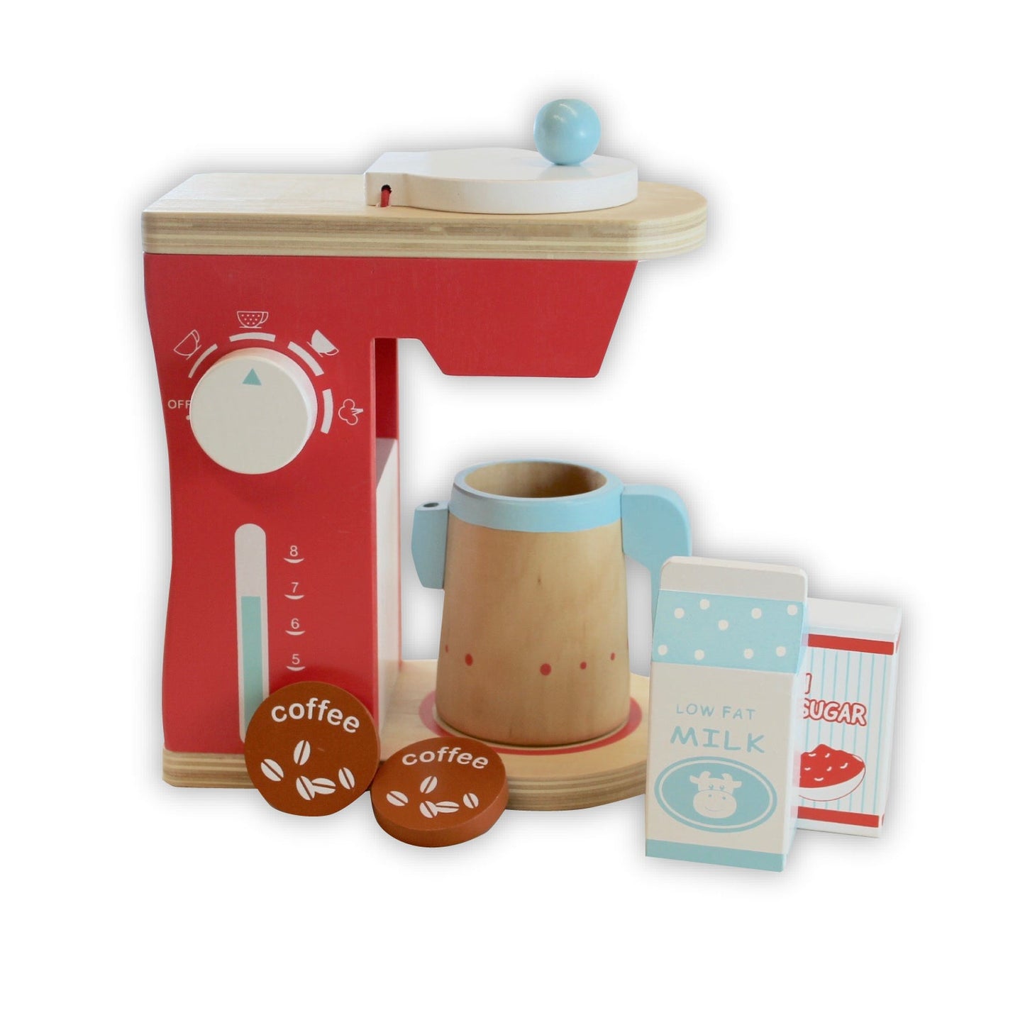 Toy coffee maker set with a red machine, mug, and coffee packaging on a white background
