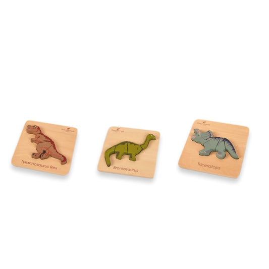 Three wooden dinosaur puzzle blocks on a white background, labeled Tyrannosaurus Rex, Brachiosaurus, and Triceratops.