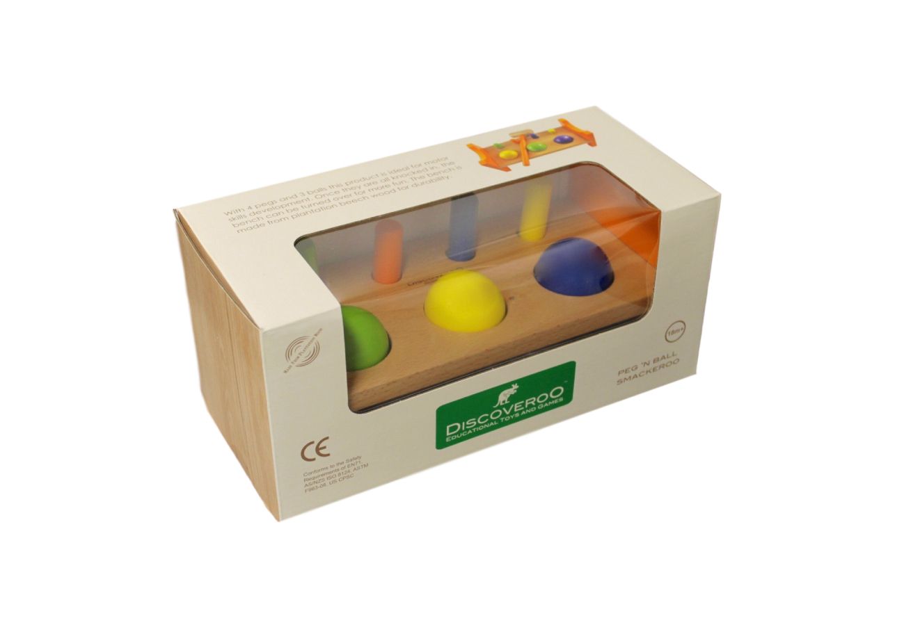 Wooden toy with colorful balls in a Discoveroo branded box on a white background