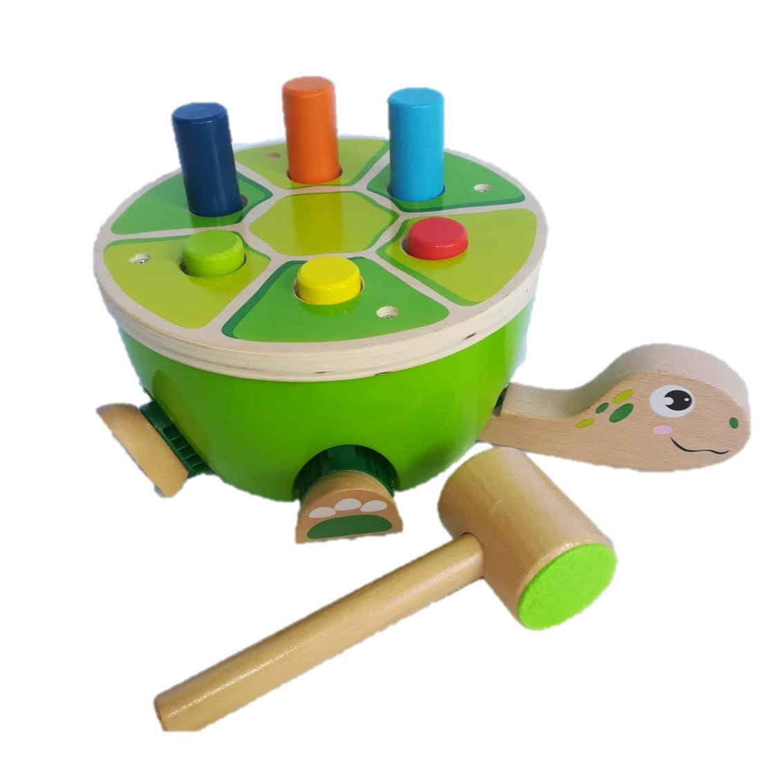 Wooden turtle toy with colorful knobs on a white background