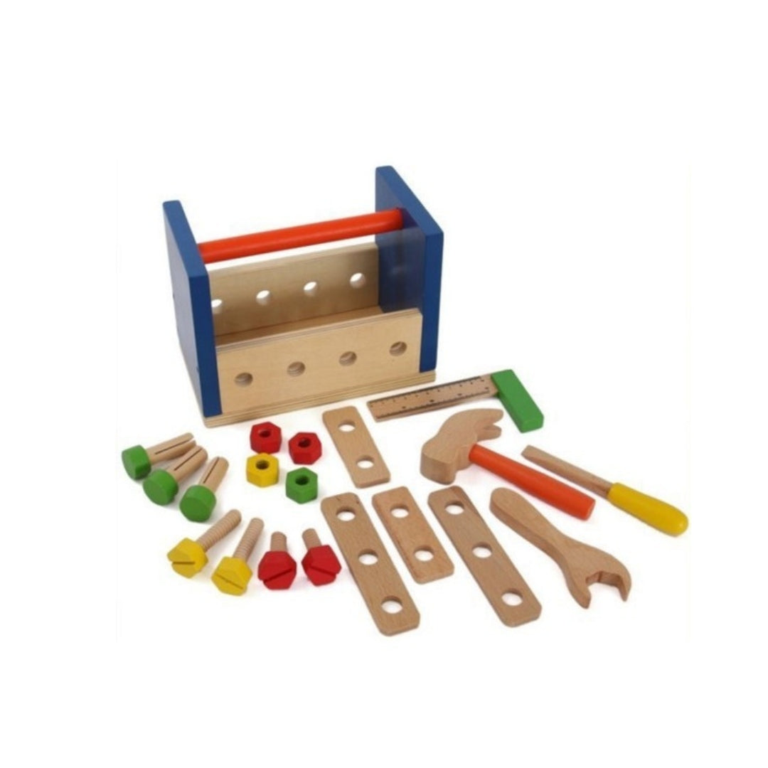 Wooden toy tool set with a blue toolbox on a white background