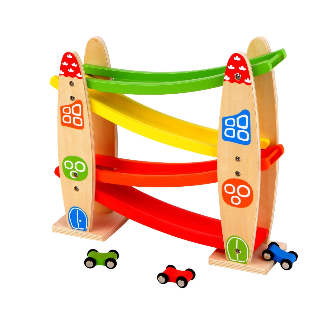 Coloruful wooden toy track with cars on a white background